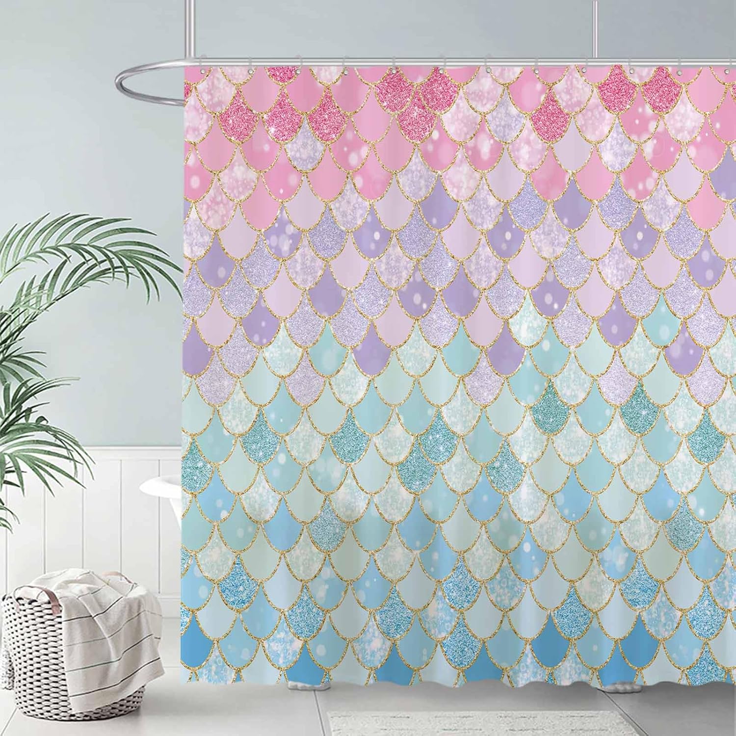 Home Bathroom Scales - ม่านอาบน้ำลายเกล็ดนางเงือกสำหรับห้องน้ำ มหาสมุทรใต้ทะเล สีชมพูและสีฟ้า ของตกแต่งบ้านสำหรับเด็กผู้หญิง ผ้ากันน้ำทนทาน