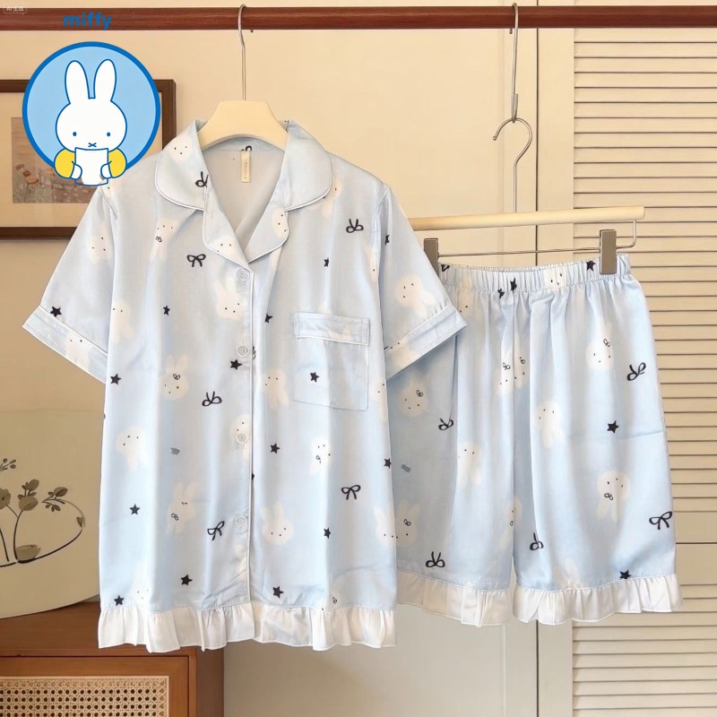 Home Goods Bathroom Sets - ชุดนอนผ้าไหมน้ำแข็งลายมิฟฟี่น่ารักสำหรับผู้หญิง นักเรียนสามารถใส่ได้ทั้งในบ้านและนอกบ้าน เสื้อแขนสั้น กางเกงขาสั้น ชุดนอนแสนหวาน