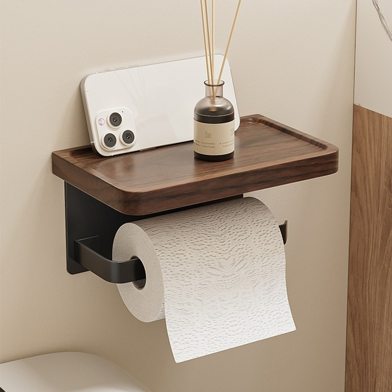 Toilet Paper Holder - ที่ใส่กระดาษชำระไม้วอลนัทแบบไม่ต้องเจาะ ติดผนัง ดีไซน์สร้างสรรค์ ชั้นวางเก็บกระดาษทิชชู่ในห้องน้ำ อุปกรณ์จัดระเบียบในบ้าน