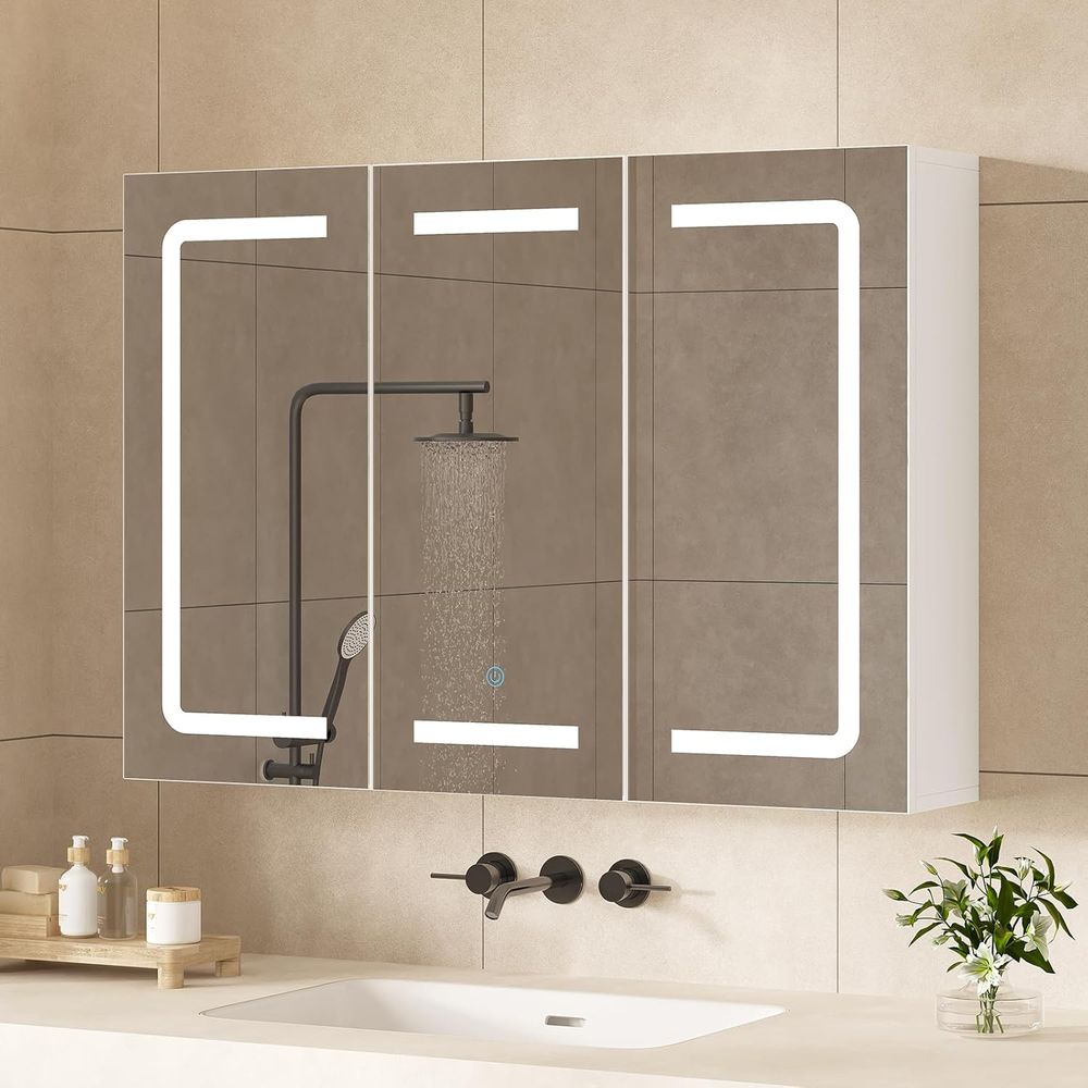 Home Bathroom Mirror - ตู้เก็บยาพร้อมกระจก, ตู้เก็บยาในห้องน้ำมีไฟพร้อมที่เก็บของ, ตู้ติดผนังห้องน้ำ 3 ประตูพร้อมไฟ LED