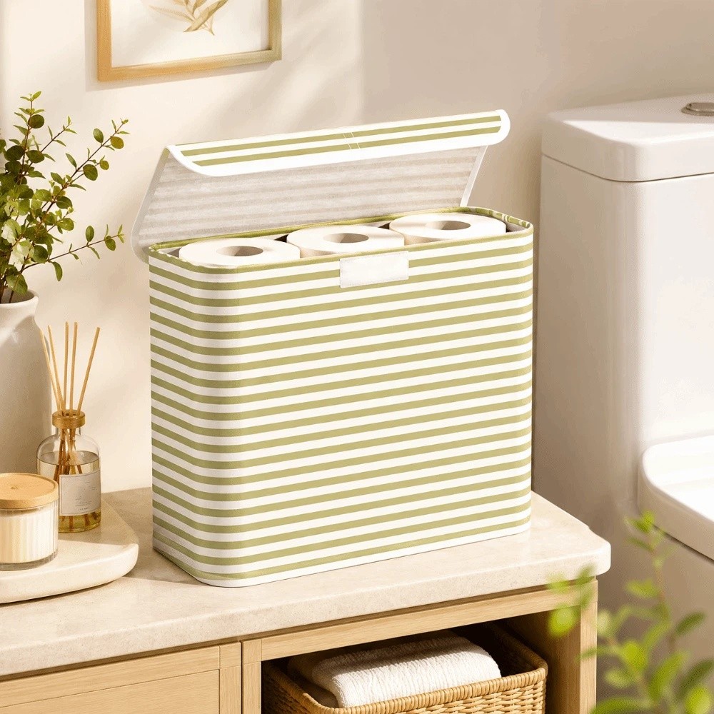 Toilet Paper Holder - อุปกรณ์ห้องน้ำ ที่ใส่กระดาษชำระแบบพับได้พร้อมฝาปิด กล่องกระดาษทิชชู่ลายพิมพ์ ตะกร้าเก็บของประหยัดพื้นที่ โรงแรม
